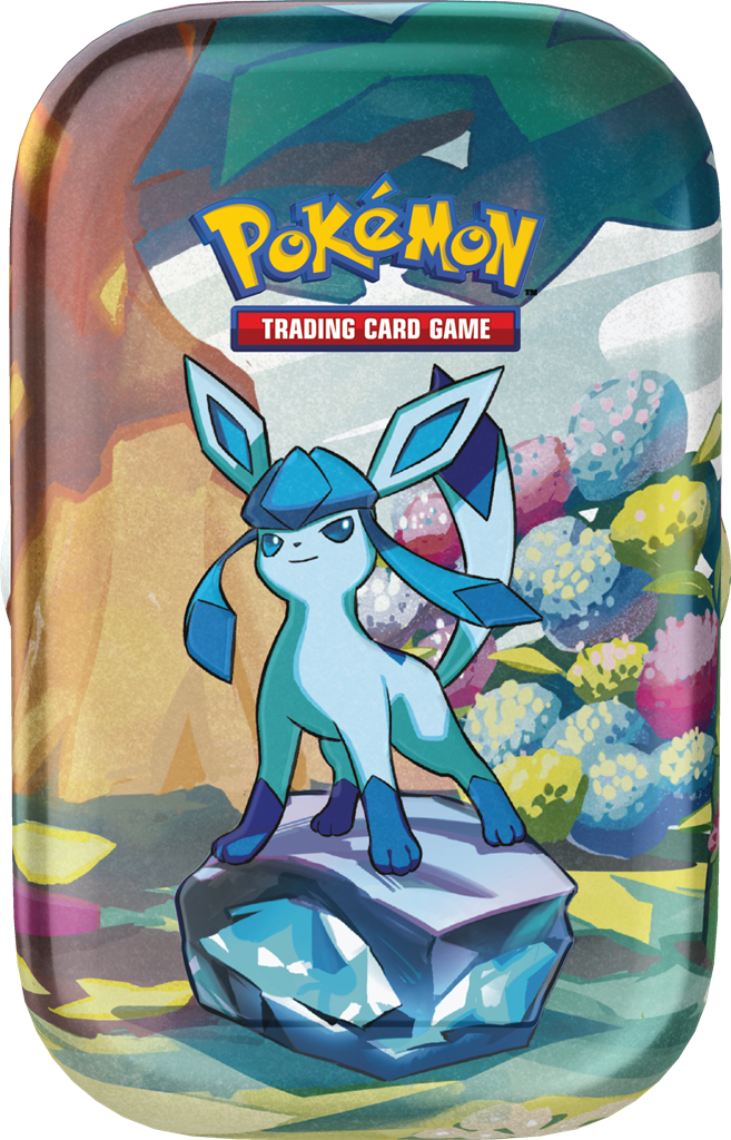 Vooraanzicht van de metalen Pokémon Scarlet & Violet Prismatic Evolutions Mini Tin met het artwork van Glaceon.