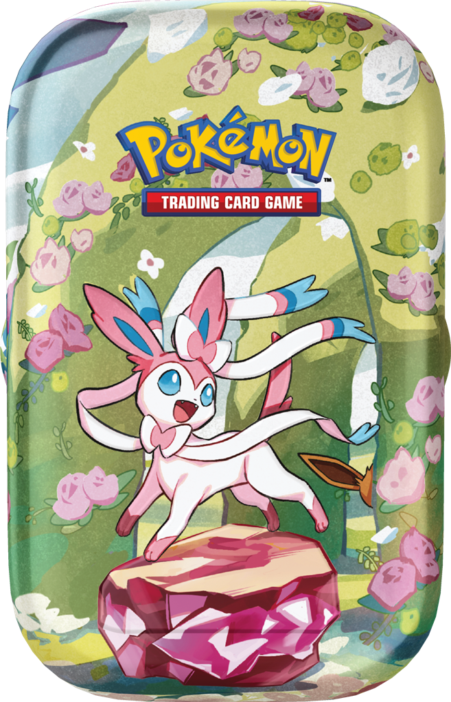 Vooraanzicht van de metalen Pokémon Scarlet & Violet Prismatic Evolutions Mini Tin met het vrolijke artwork van Sylveon.