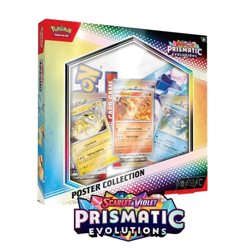 Eevee Prismatic Evolutions Poster Collection met Flareon, Vaporeon, Jolteon kaarten en booster packs