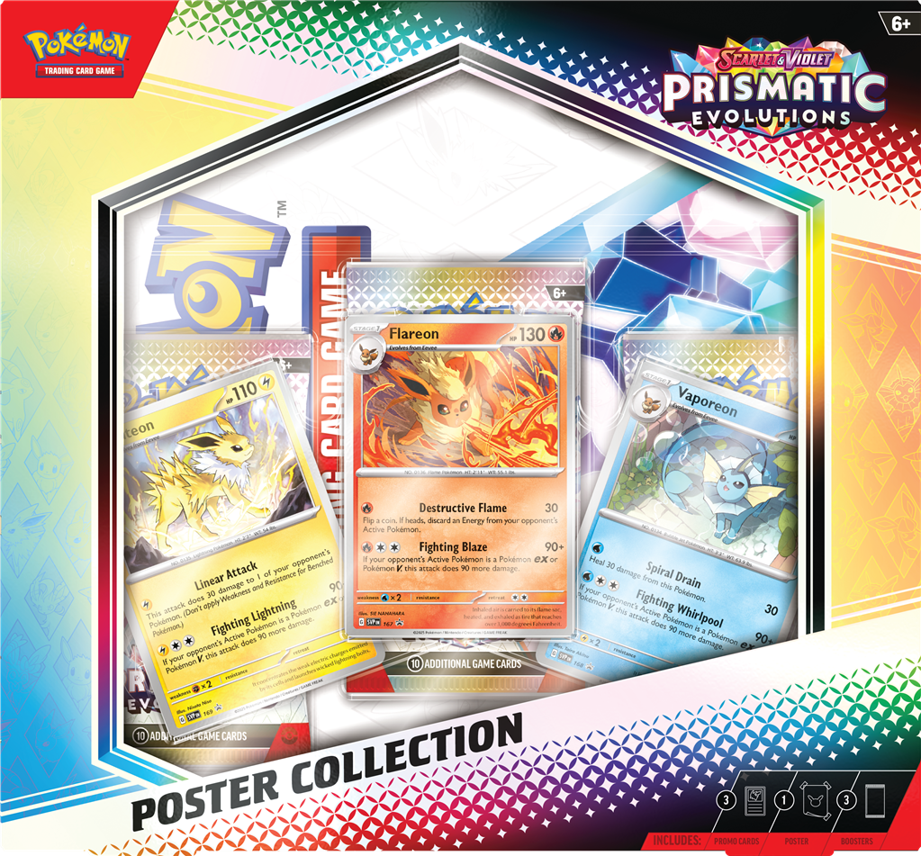 Eevee Prismatic Evolutions Poster Collection met Flareon, Vaporeon, Jolteon kaarten en booster packs