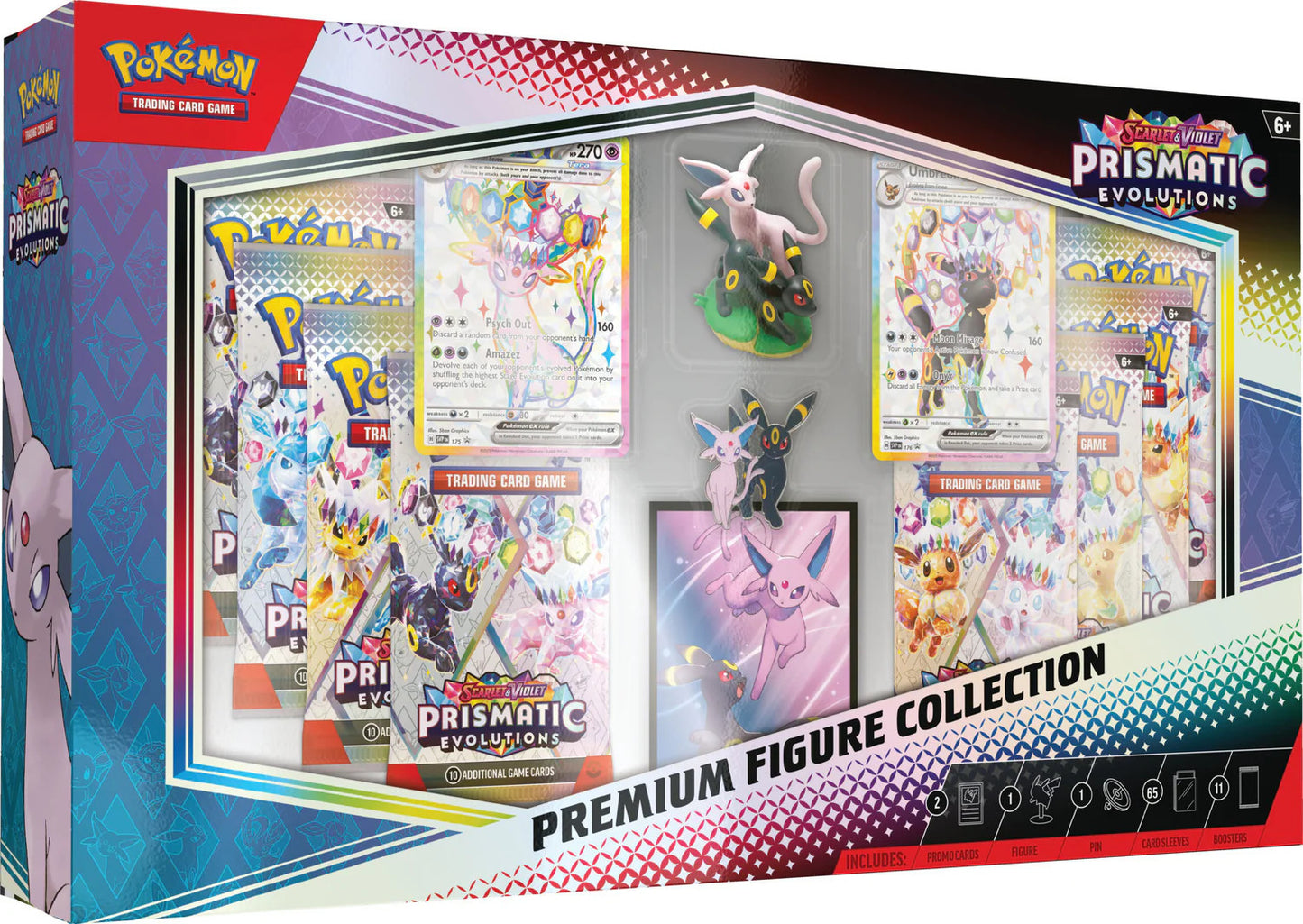 Prismatic Evolutions Premium Figure Collection met Umbreon en Sylveon promokaarten, beeldje, pin, sleeves en 11 boosterpacks.