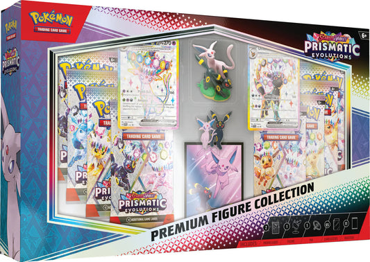 Prismatic Evolutions Premium Figure Collection met Umbreon en Sylveon promokaarten, beeldje, pin, sleeves en 11 boosterpacks.