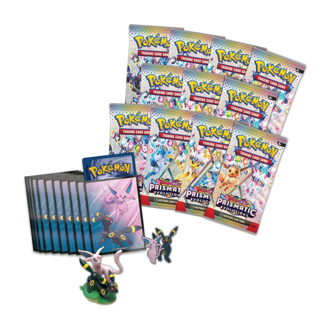 Prismatic Evolutions Premium Figure Collection met Umbreon en Sylveon promokaarten, beeldje, pin, sleeves en 11 boosterpacks.