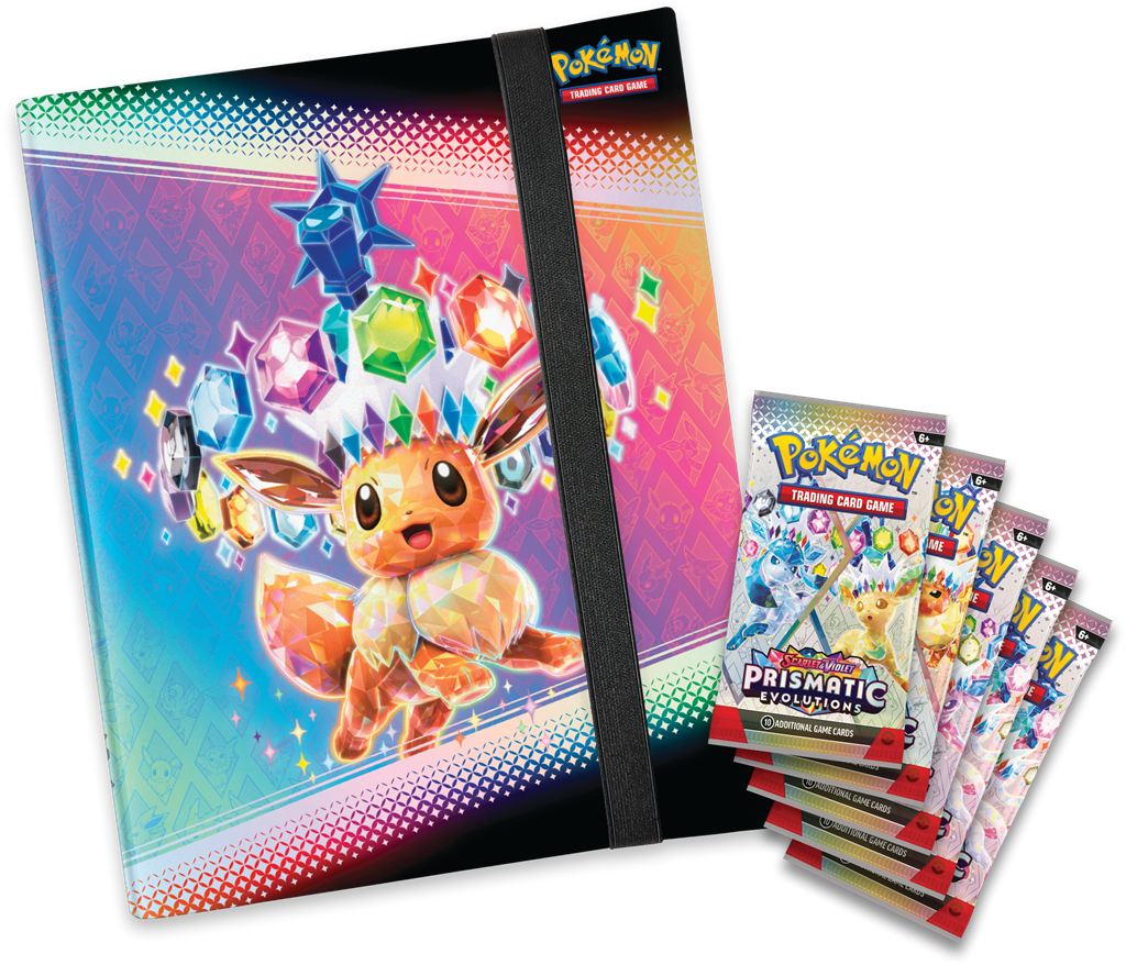 Pokémon Prismatic Evolutions verzamelmap met Eevee en vijf boosterpacks