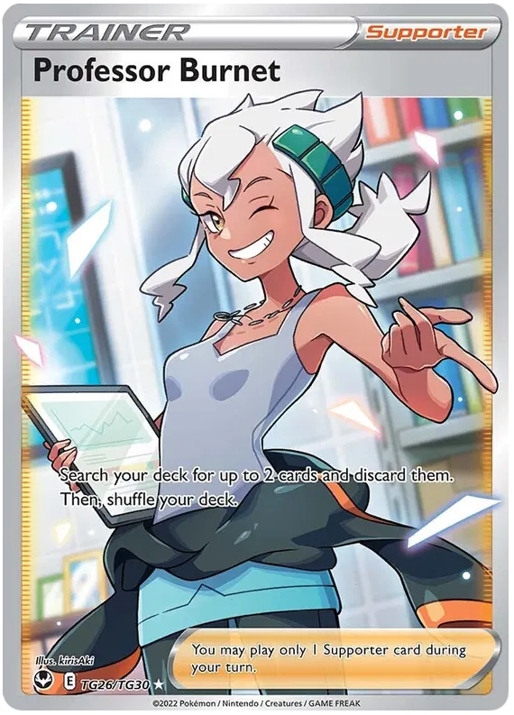 Professor Burnet Full Art TG26 Silver Tempest Pokémon kaart met kunstwerk van Professor Burnet