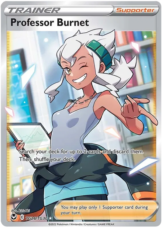 Professor Burnet Full Art TG26 Silver Tempest Pokémon kaart met kunstwerk van Professor Burnet