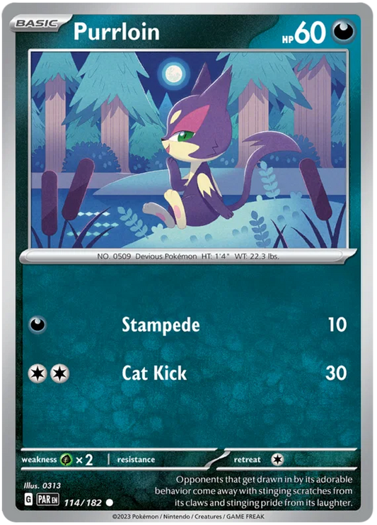Pokémon Purrloin #114 common kaart uit de Paradox Rift set