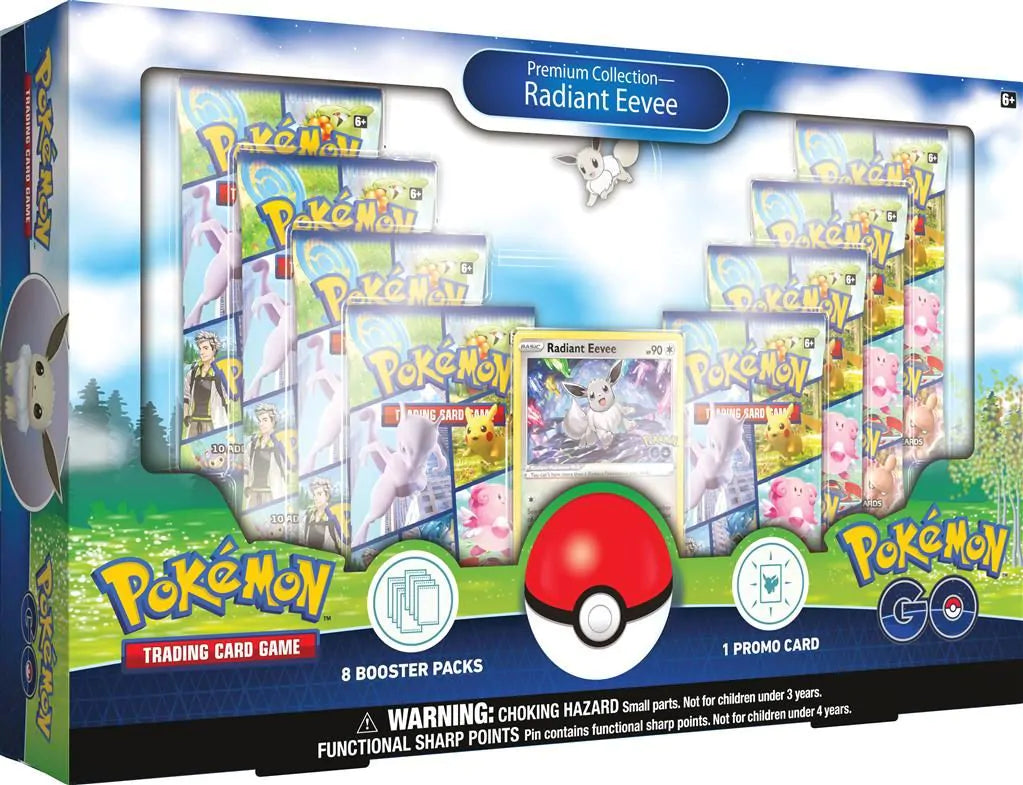 Pokémon GO Premium Collection met Radiant Eevee promokaart, Eevee pin en 8 Pokémon GO boosterpacks.