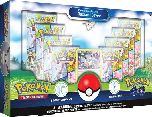 Pokémon GO Premium Collection met Radiant Eevee promokaart, Eevee pin en 8 Pokémon GO boosterpacks.