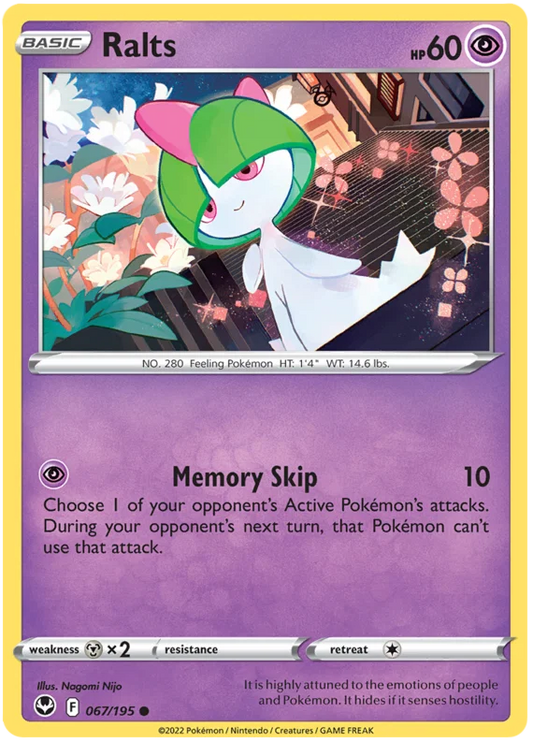 Ralts common kaart nummer 067 uit de Pokémon Silver Tempest set