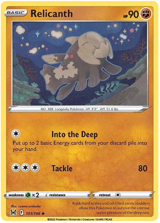 Relicanth Pokémon kaart nummer 101/196 uit de Lost Origin set, common rarity met Fighting-type aanvallen