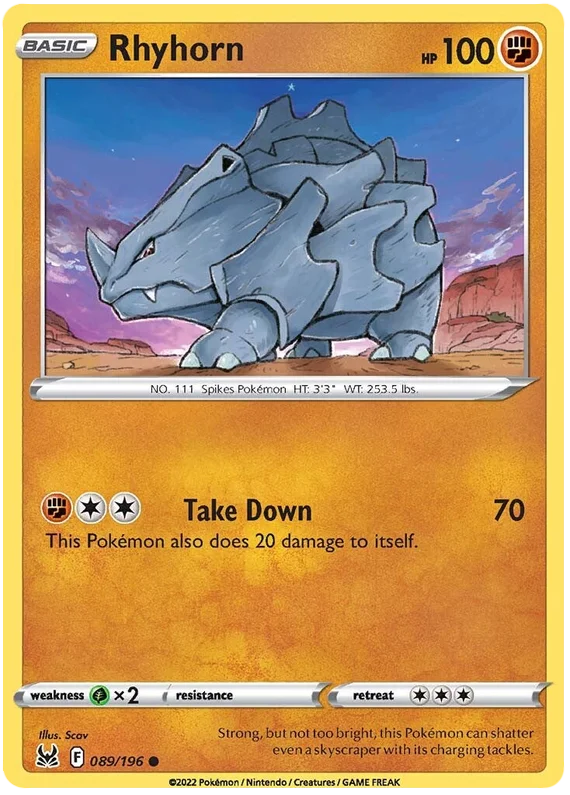 Rhyhorn common Pokémon kaart 089/196 uit de Lost Origin set met Take Down aanval