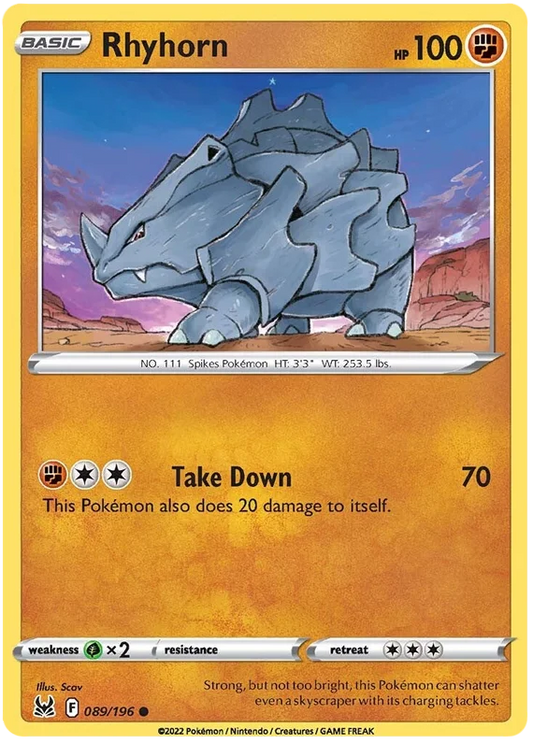 Rhyhorn common Pokémon kaart 089/196 uit de Lost Origin set met Take Down aanval