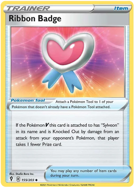 Ribbon Badge Trainer Item kaart uit de Pokémon Evolving Skies set, common rarity nummer 155/203