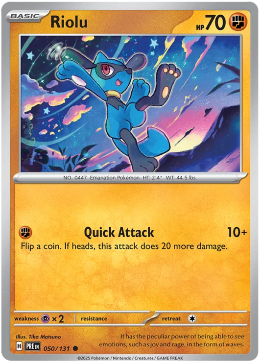 Riolu common kaart nummer 050 uit de Pokémon Prismatic Evolutions set