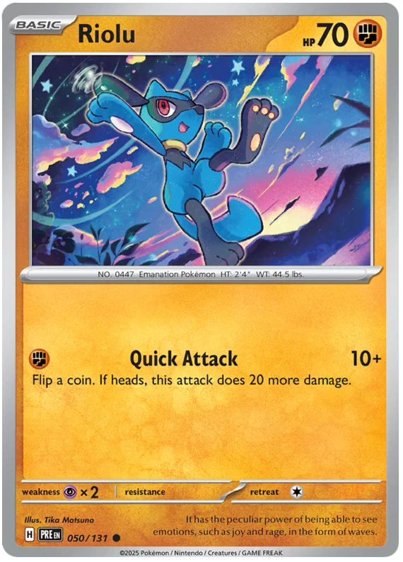 Riolu common kaart nummer 050 uit de Pokémon Prismatic Evolutions set