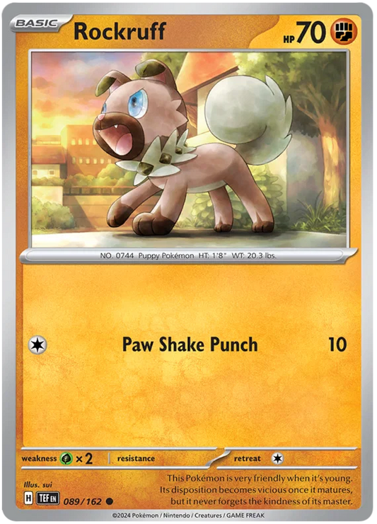 Pokémon Rockruff common kaart nummer 089 uit de Temporal Forces set