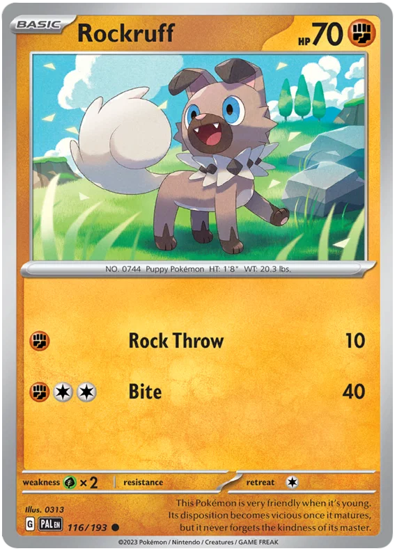 Rockruff common kaart nummer 116 uit de Paldea Evolved Pokémon set