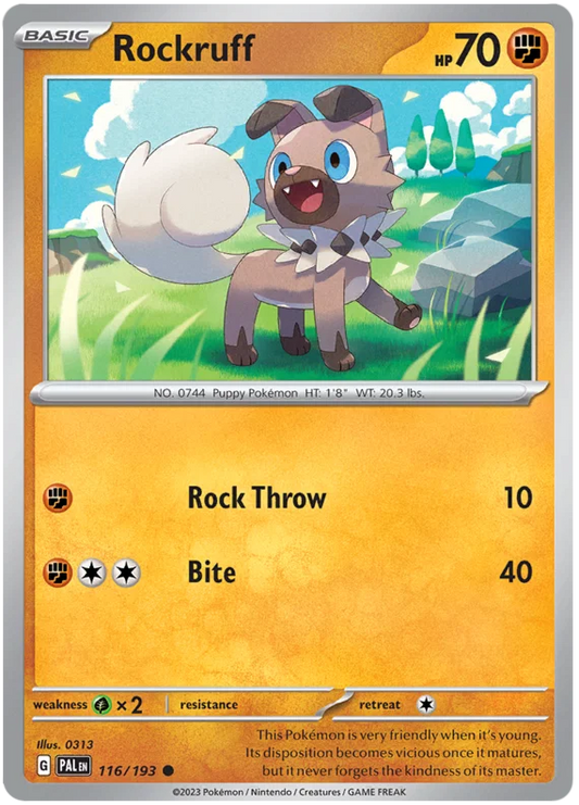 Rockruff common kaart nummer 116 uit de Paldea Evolved Pokémon set