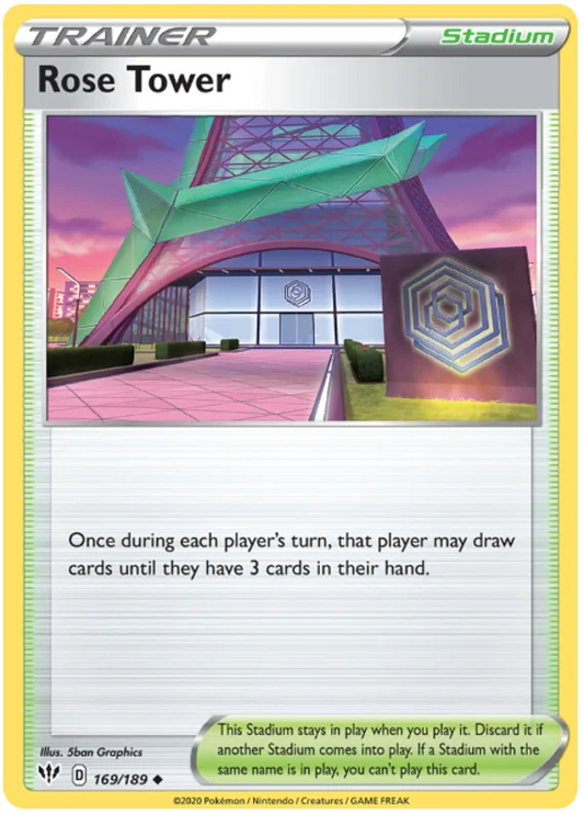 Rose Tower stadium trainerkaart 169/189 uit de Pokémon Darkness Ablaze set, uncommon