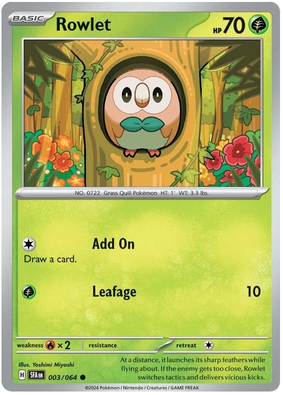 Rowlet common Pokémon kaart nummer 003 uit de Shrouded Fable set