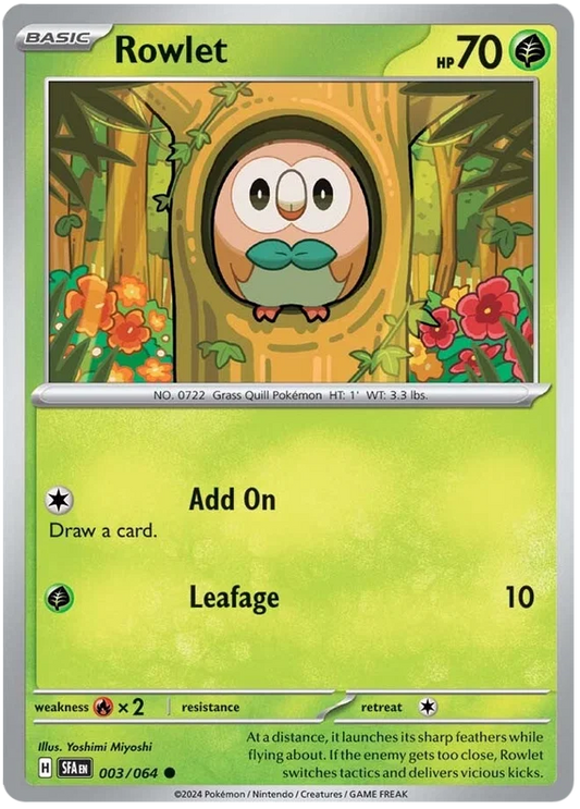 Rowlet common Pokémon kaart nummer 003 uit de Shrouded Fable set