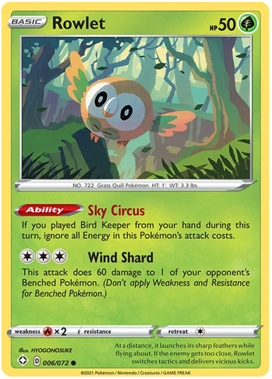 Rowlet common kaart 006/072 uit de Pokémon Shining Fates set
