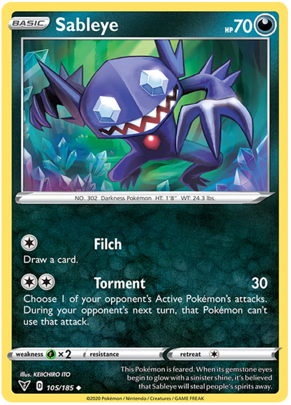 Sableye #105/185 common Pokémon kaart uit Vivid Voltage met Filch en Torment aanval