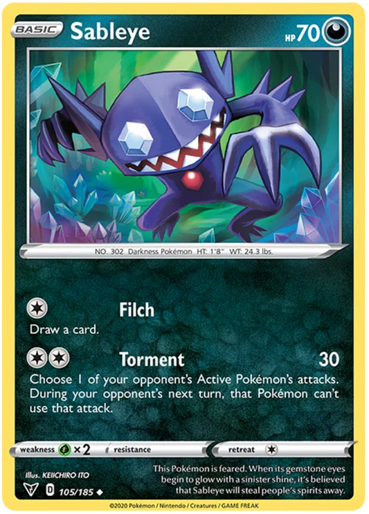 Sableye #105/185 common Pokémon kaart uit Vivid Voltage met Filch en Torment aanval