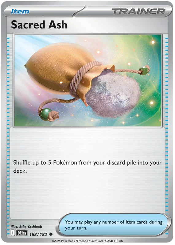 Sacred Ash trainerkaart common uit de Pokémon Destined Rivals set, kaartnummer 168