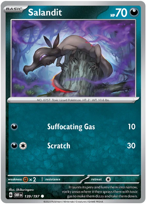 Salandit common kaart nummer 139 uit de Pokémon Obsidian Flames set