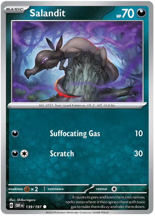 Salandit common kaart nummer 139 uit de Pokémon Obsidian Flames set