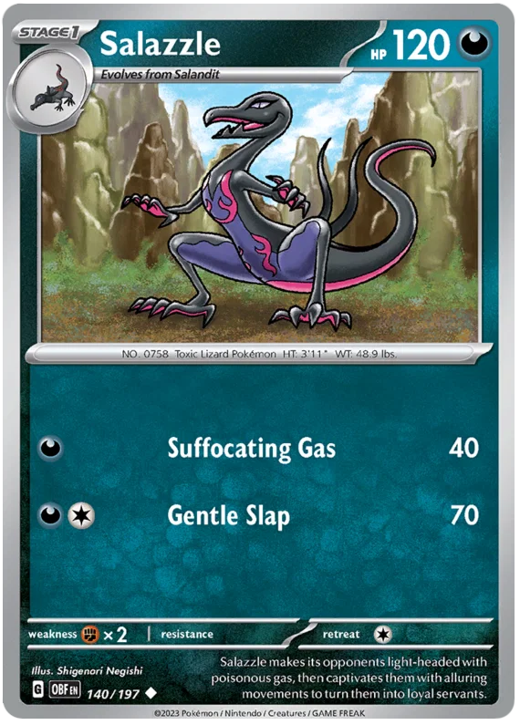 Salazzle common Pokémon kaart nummer 140 uit de Obsidian Flames set