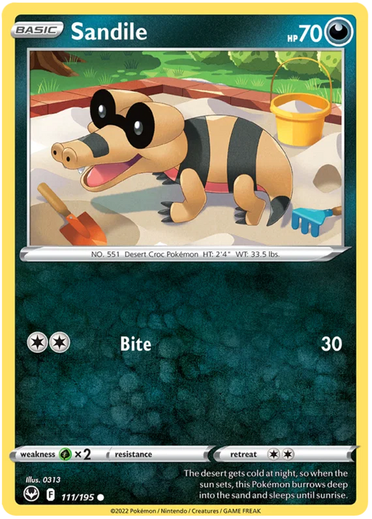 Sandile common kaart nummer 111 uit de Pokemon Silver Tempest set