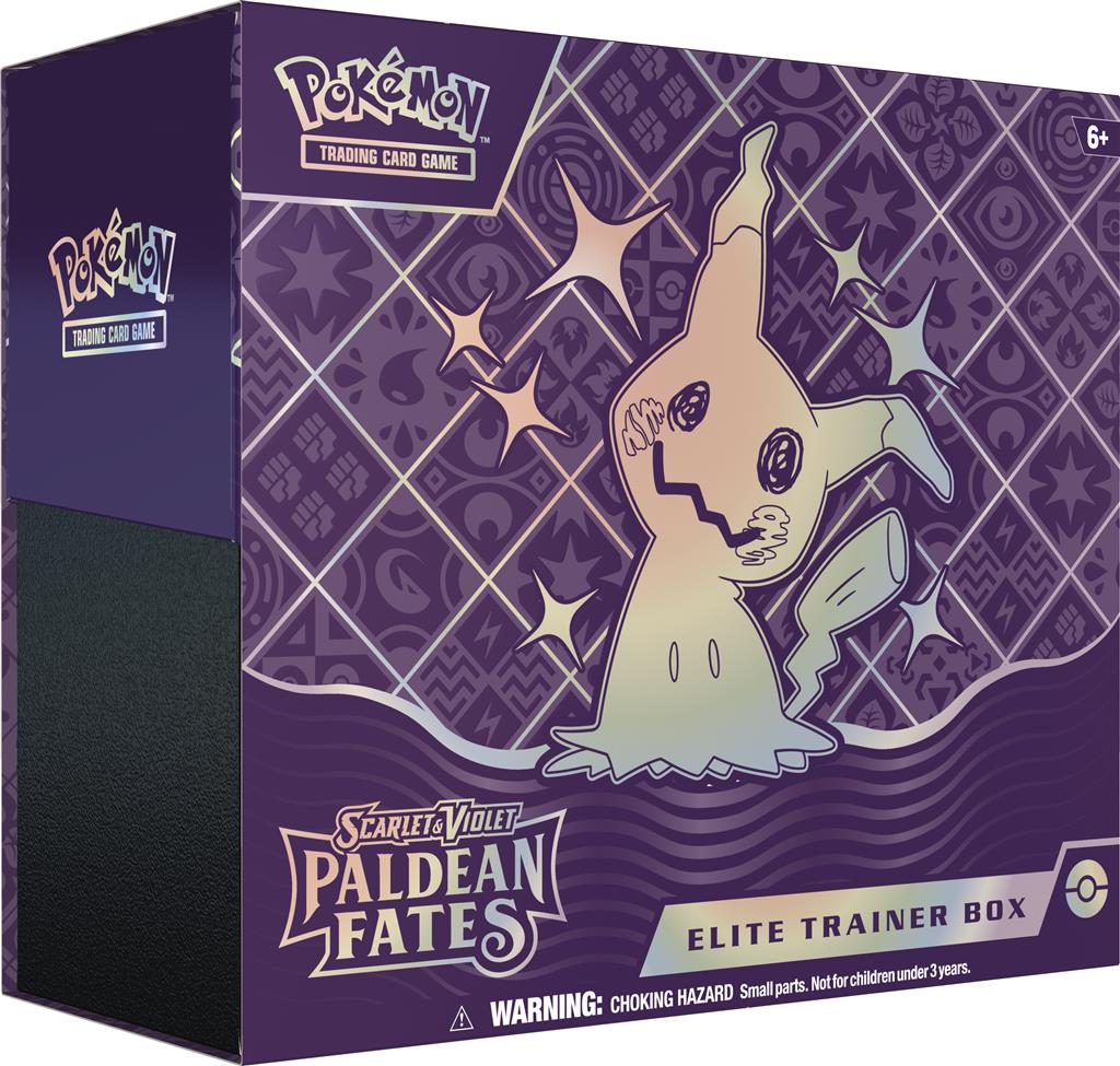 Pokémon Scarlet & Violet Paldean Fates Elite Trainer Box met Shiny Mimikyu en 9 booster packs