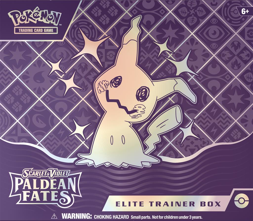 Pokémon Scarlet & Violet Paldean Fates Elite Trainer Box met Shiny Mimikyu en 9 booster packs