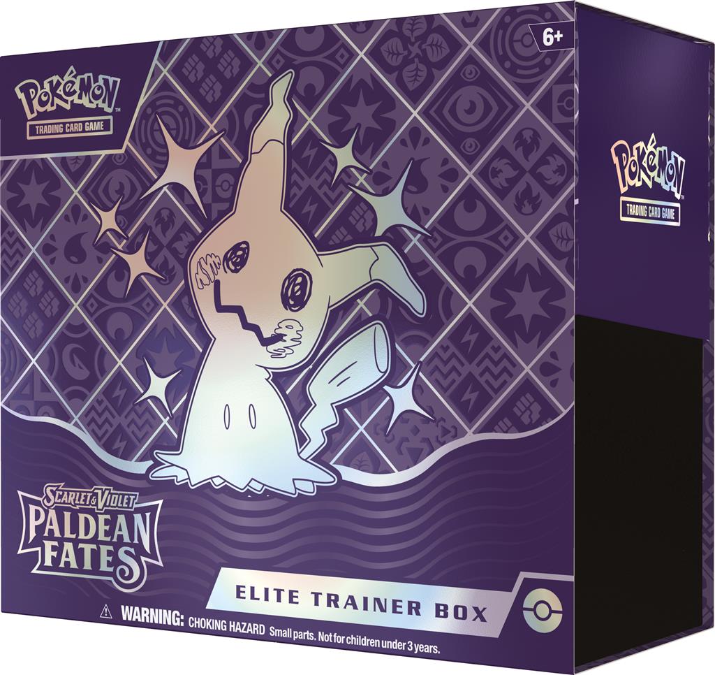 Pokémon Scarlet & Violet Paldean Fates Elite Trainer Box met Shiny Mimikyu en 9 booster packs