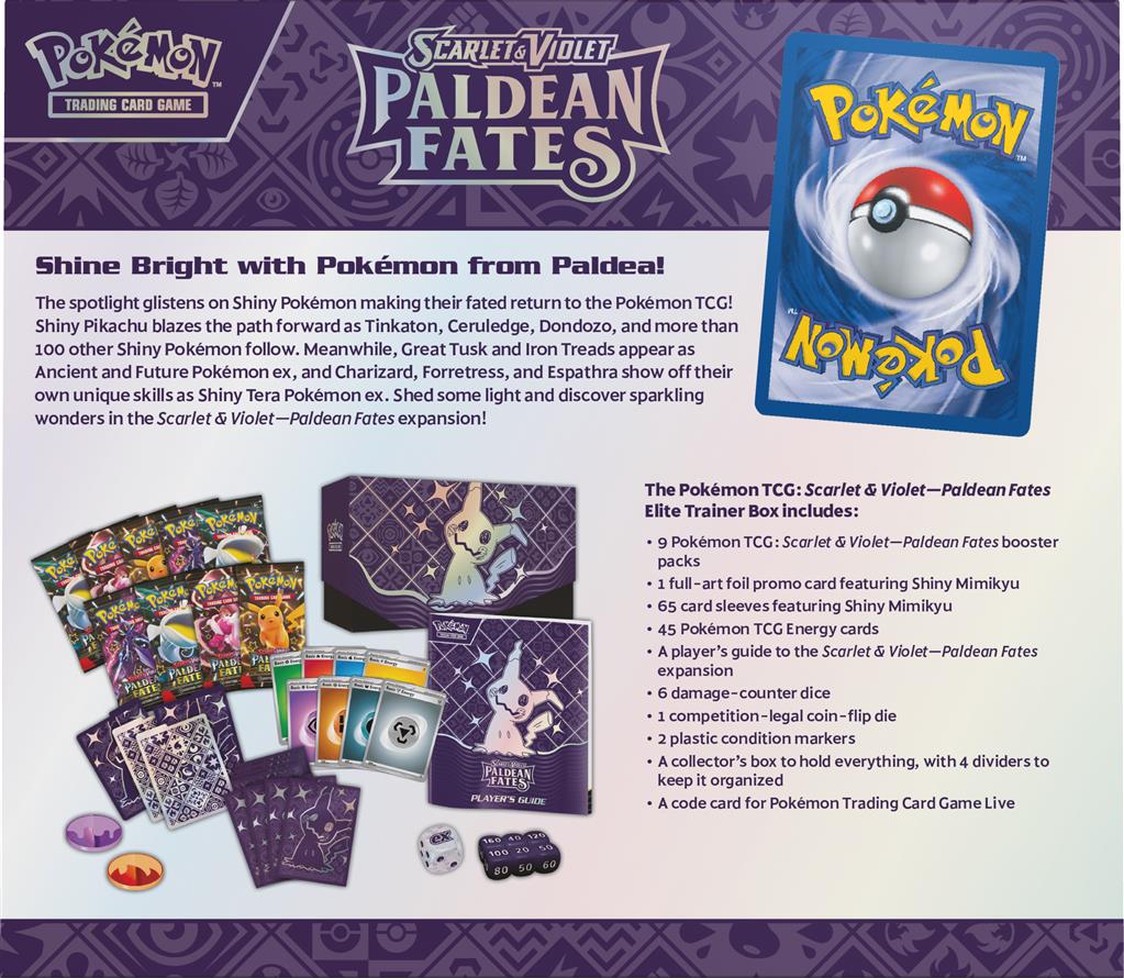 Pokémon Scarlet & Violet Paldean Fates Elite Trainer Box met Shiny Mimikyu en 9 booster packs