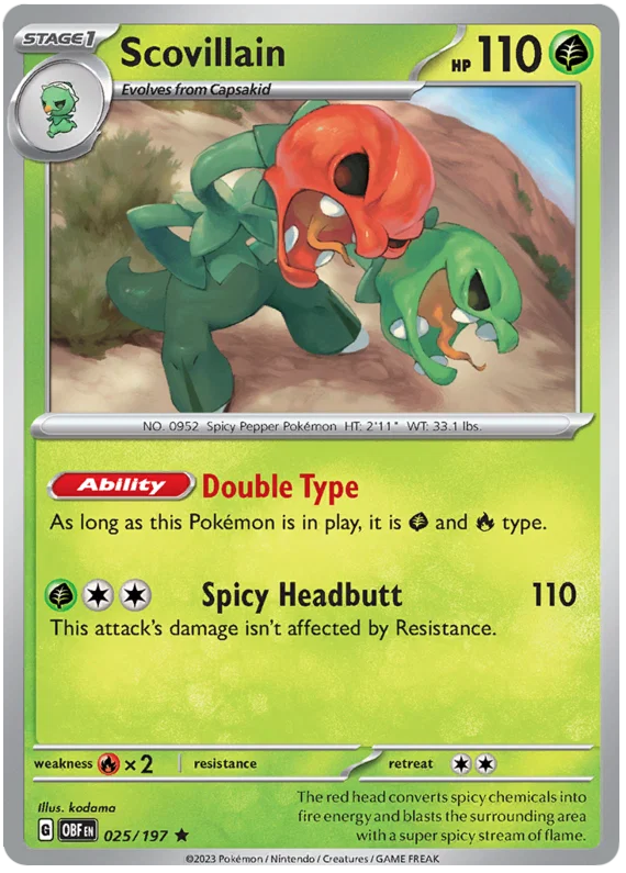 Pokémon Scovillian Holo #025 uit de Obsidian Flames set met vlammend ontwerp