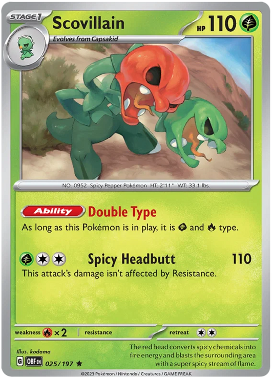 Pokémon Scovillian Holo #025 uit de Obsidian Flames set met vlammend ontwerp