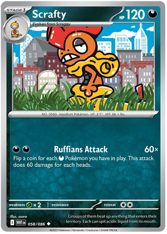 Pokémon Scrafty common kaart nummer 058 uit de White Flare set