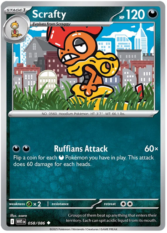 Pokémon Scrafty common kaart nummer 058 uit de White Flare set