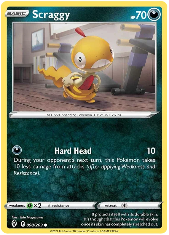 Pokémon Scraggy 098/203 common kaart uit de Evolving Skies set met Hard Head aanval