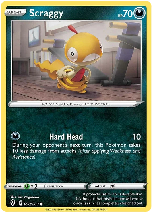 Pokémon Scraggy 098/203 common kaart uit de Evolving Skies set met Hard Head aanval