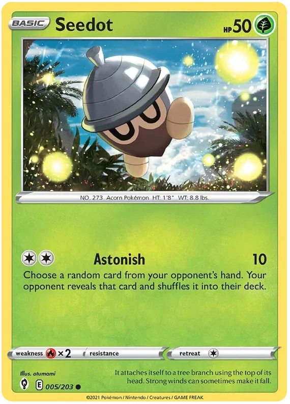 Pokémon Seedot 005/203 common kaart uit Evolving Skies met Astonish aanval