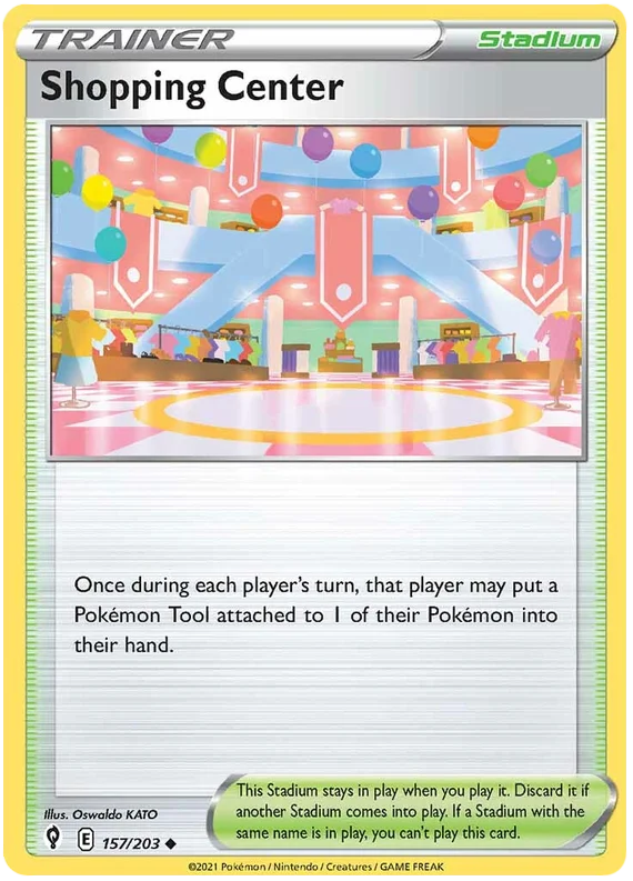 Pokémon Shopping Center stadium kaart 157/203 uit Evolving Skies met kleurrijk winkelcentrum illustratie