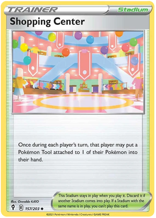 Pokémon Shopping Center stadium kaart 157/203 uit Evolving Skies met kleurrijk winkelcentrum illustratie