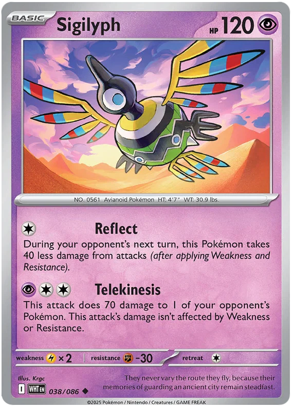 Sigilyph common Pokémon kaart nummer 038 uit de White Flare set