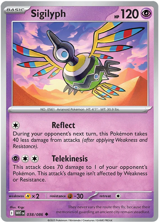 Sigilyph common Pokémon kaart nummer 038 uit de White Flare set