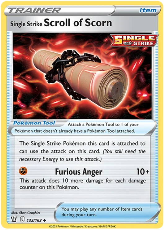 Single Strike Scroll of Scorn trainerkaart uit de Pokémon Battle Styles set, common item kaart nummer 133/163